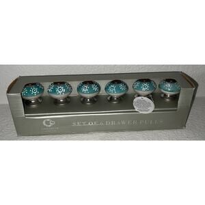 Ceramic Drawer Pull Knobs Set of 6 Hand Crafted Teal /White/Silver